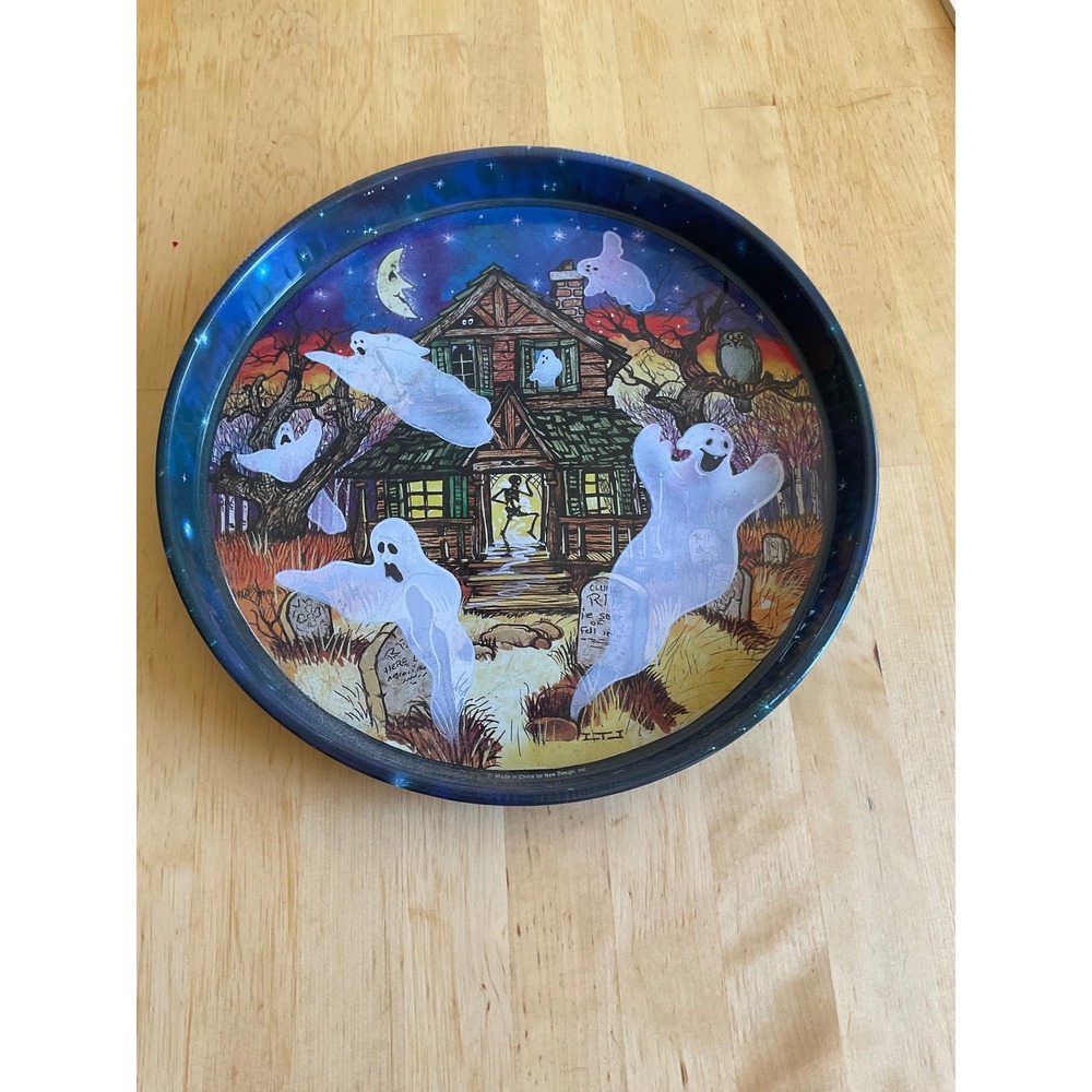 New Design Inc Halloween Haunted House Ghost Metal Serving Tray 11.75 Inch Round
